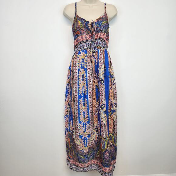 Lucky Brand Paisley Maxi Dress Size XS/S Multicolor V-neck Lightweight Boho - Picture 1 of 12